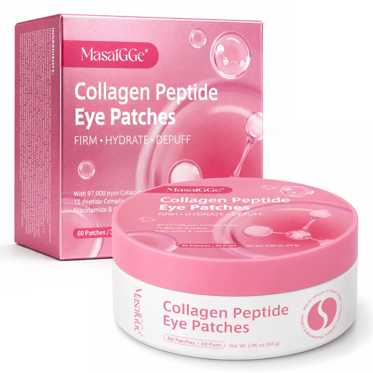 Masaigge Collagen Hydrating Gel Pads Collagen Peptide Eye Patches with Collagen Water 15 Peptide Complex Niacinamide Caffeine