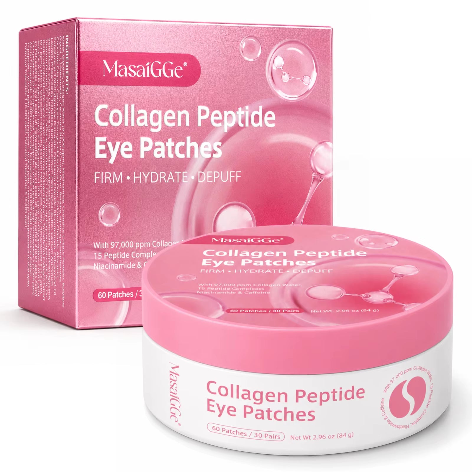 Masaigge Collagen Hydrating Gel Pads Collagen Peptide Eye Patches with Collagen Water 15 Peptide Complex Niacinamide Caffeine