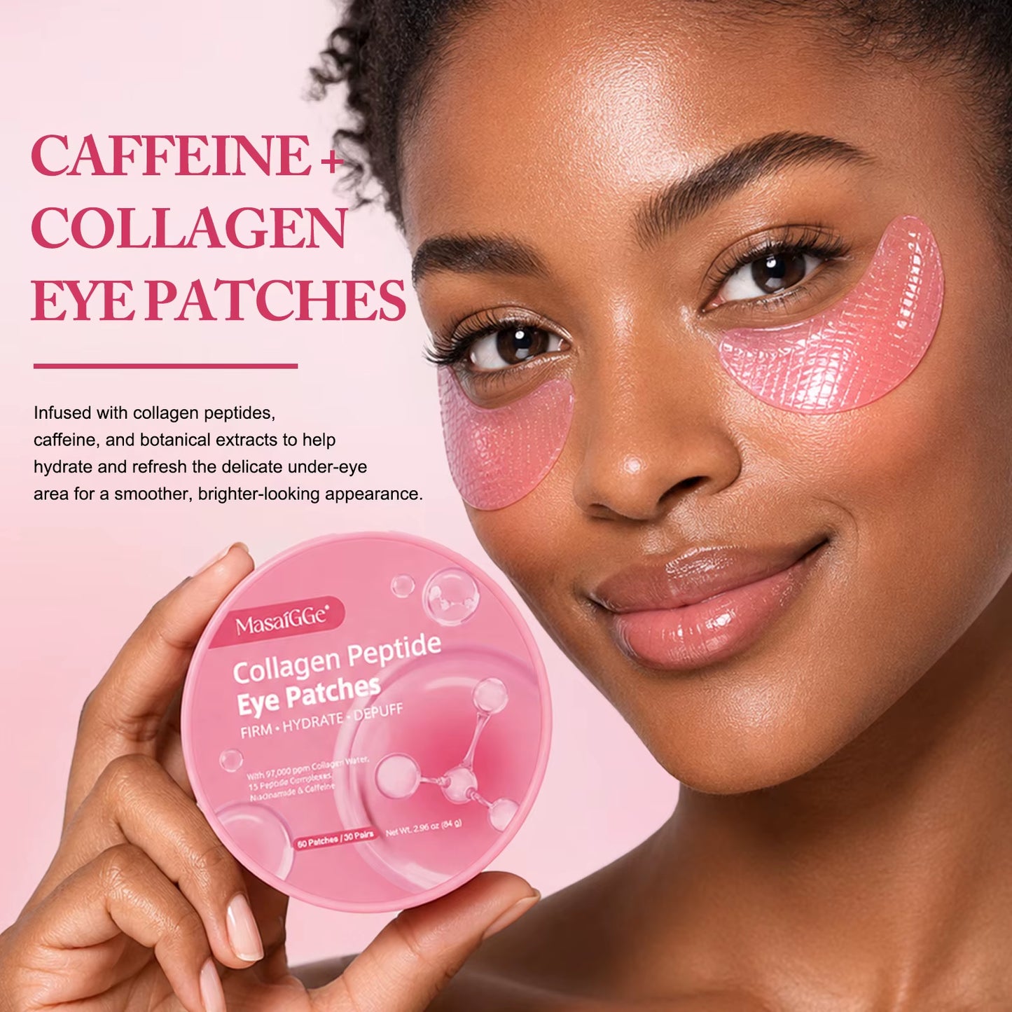 Masaigge Collagen Hydrating Gel Pads Collagen Peptide Eye Patches with Collagen Water 15 Peptide Complex Niacinamide Caffeine